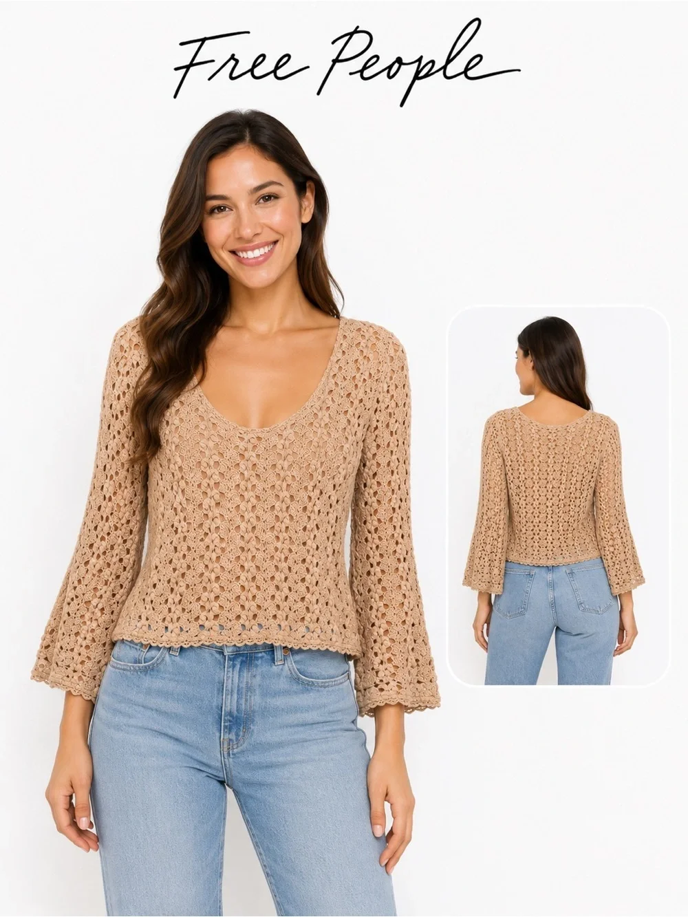 Free People Crocheted Bell Sleeve Top w/Cami Small